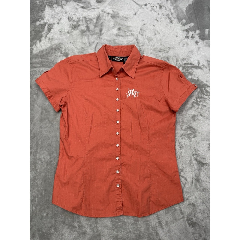 Harley Davidson, Pearl Snap Shirt Womens Medium Orange Cotton Biker Moto Stretch